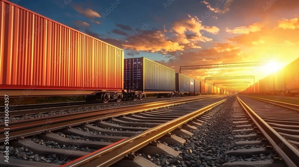 A vibrant sunset illuminates a train yard, featuring colorful cargo containers alongside gleaming railway tracks.