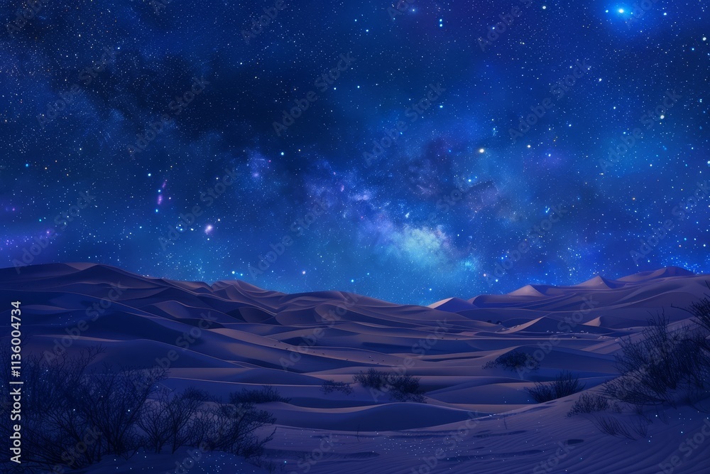 A night sky filled with stars over a vast, undulating desert landscape, Desert landscape with towering sand dunes and a distant oasis