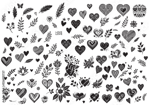  Tattoo art signs of 2000s style. Y2k symbols hearts flowers set. Vector tattoo line modern stickers