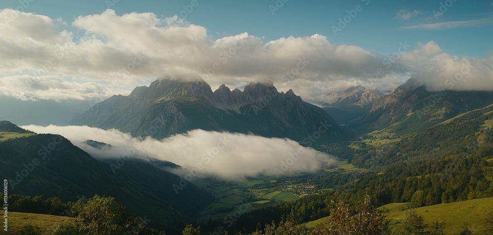 A majestic mountain range shrouded in mist, with a hidden valley nestled between its peaks A majestic mountain range shrouded in mist, with a hidden valley nestled between its peaks