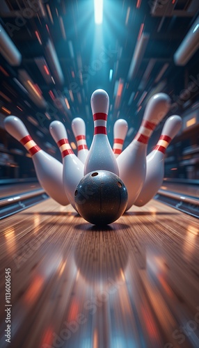 A bowling ball strikes down all the pins. A dynamic and exciting image capturing the thrill of a perfect strike.