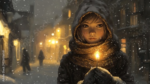 A painting portrait of a girl staring fixedly at the flame of the match. Make a decision while the match is burning