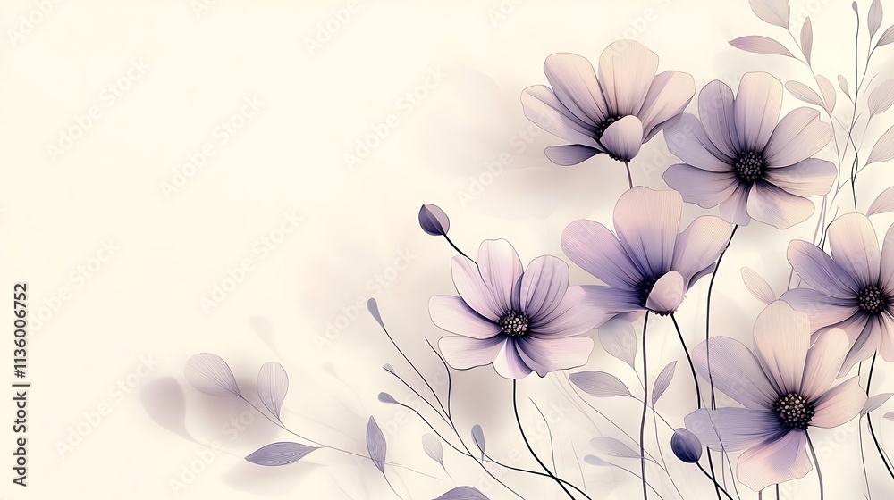 Abstract floral line art of daisies and leaves, accented by delicate shadows in soft pastel lavender and dusty pink, set on a muted off-white background, balanced and minimalist, hd quality. Abstract floral line art of daisies and leaves, accented by delicate shadows in soft pastel lavender and dusty pink, set on a muted off-white background, balanced and minimalist, hd quality.