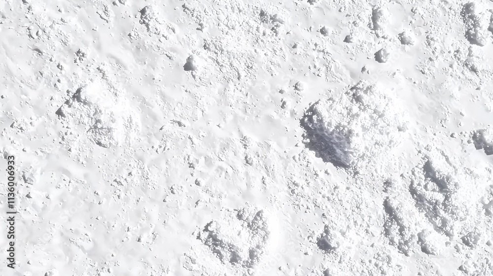 A close-up texture of a white, powdery surface resembling snow or fine sand, with subtle variations and details throughout.
