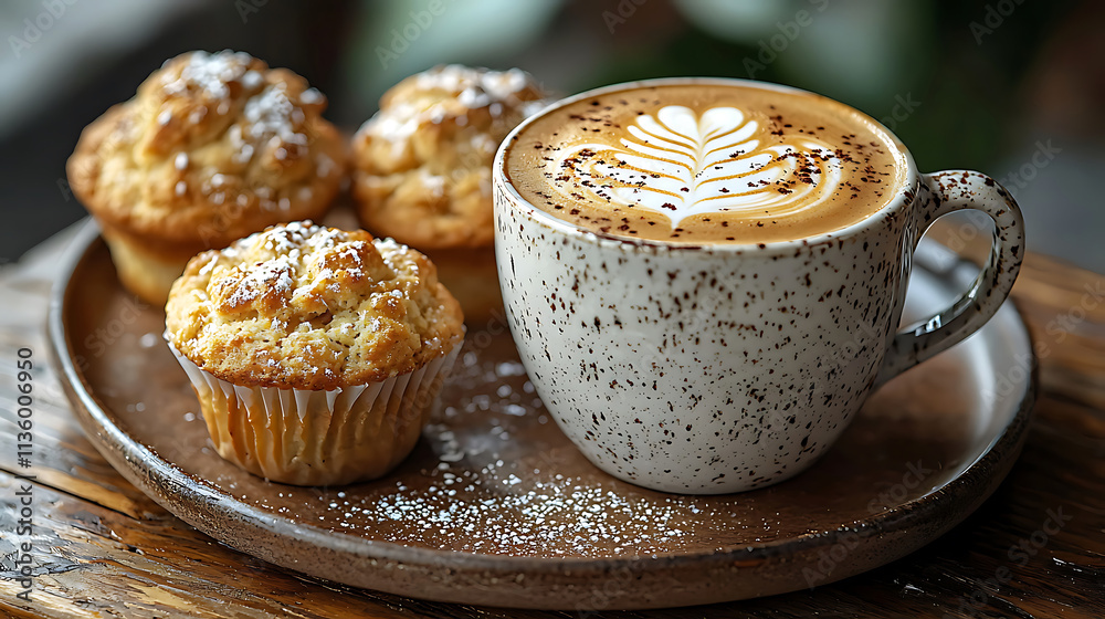 latte art masterpiece in ceramic cup with muffins on wooden plate latte art masterpiece in ceramic cup with muffins on wooden plate