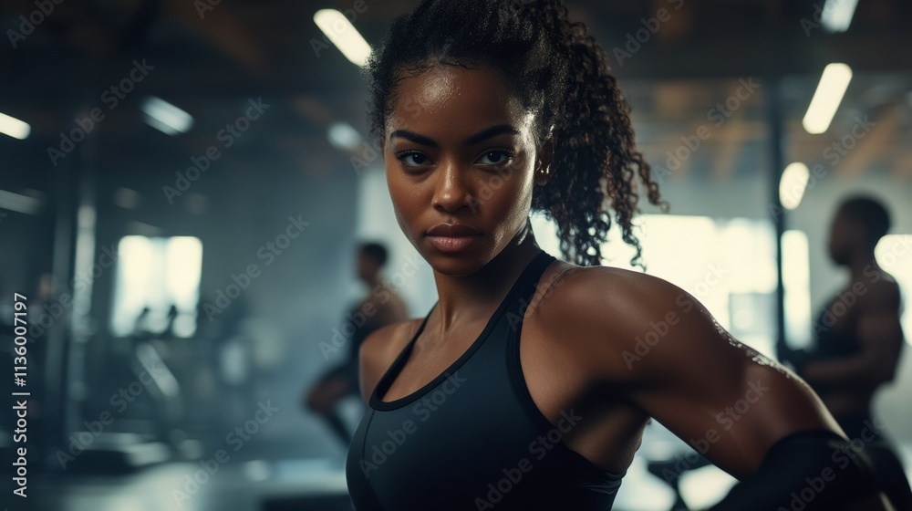 Fototapeta premium A woman in a gym stands with her arms outstretched, showcasing strength and confidence in her workout environment.