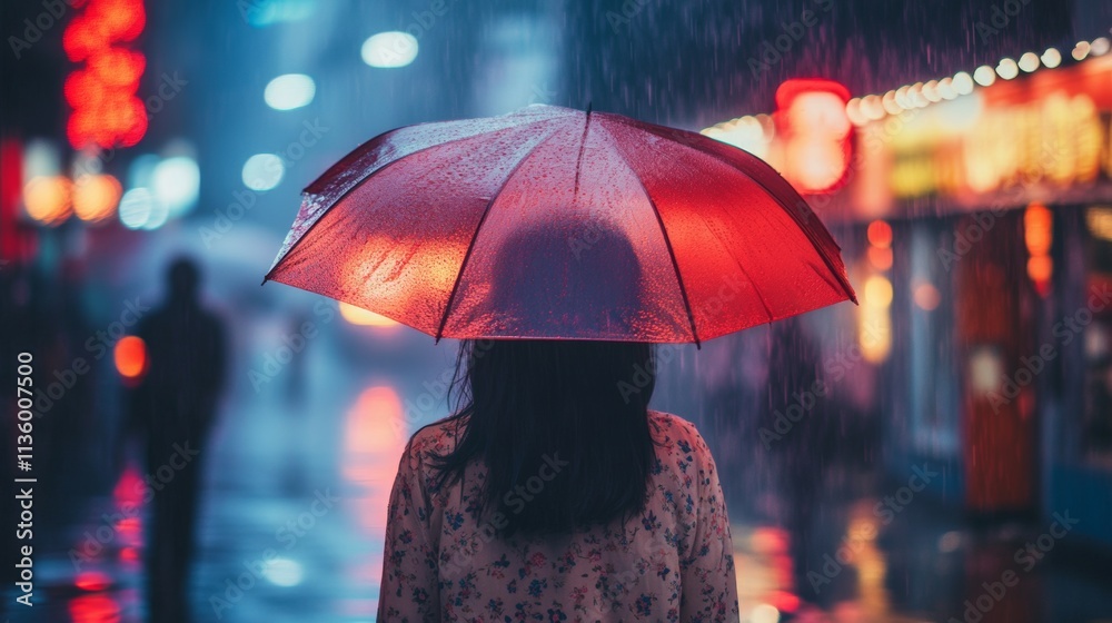 custom made wallpaper toronto digitalA woman holding an umbrella, standing in the rain, with droplets cascading around her.