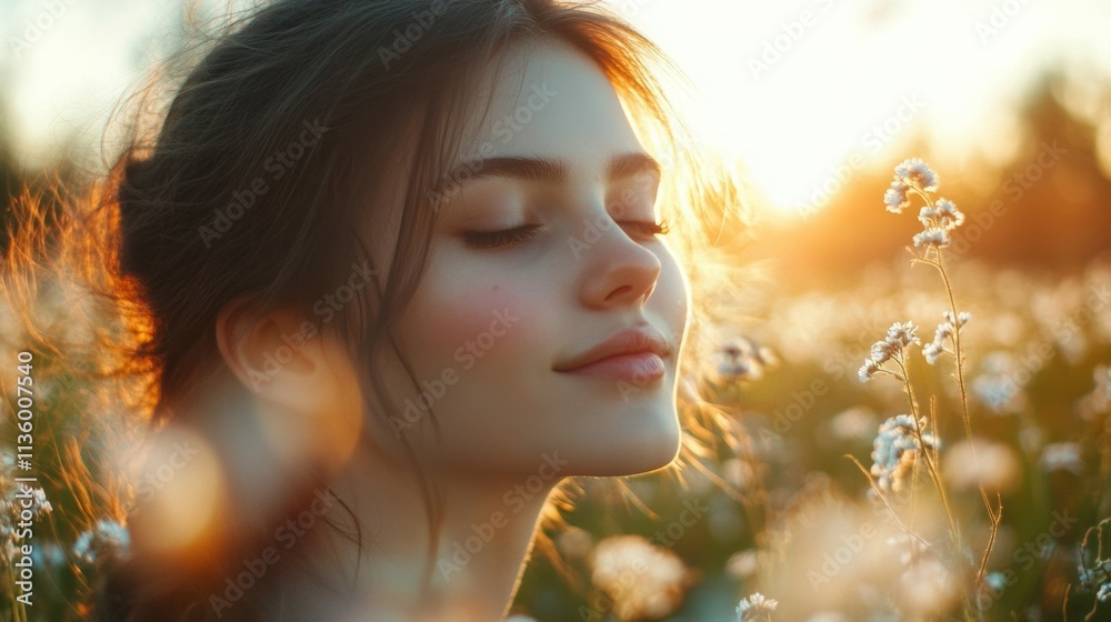 A woman surrounded by blooming flowers in a sunny field, embracing the tranquility and beauty of the landscape.