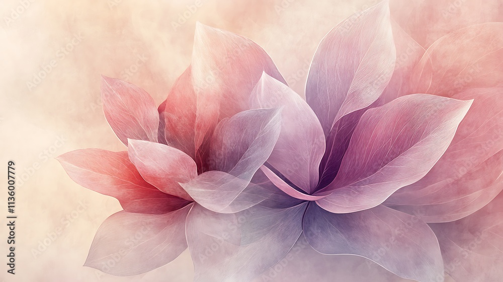 Abstract overlapping petals depicted in soft pink and mauve hues, arranged in a balanced geometric flow, set against a clean pastel beige background, minimalist elegance, hd quality. --ar 16:9 Abstract overlapping petals depicted in soft pink and mauve hues, arranged in a balanced geometric flow, set against a clean pastel beige background, minimalist elegance, hd quality. --ar 16:9