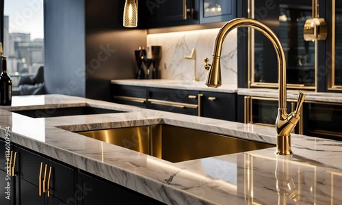 Close-up of a low-key luxury kitchen sink in black and gold