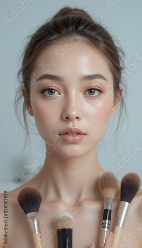 A close-up portrait of a young woman showcasing flawless makeup and holding makeup brushes. The image exudes beauty and elegance.