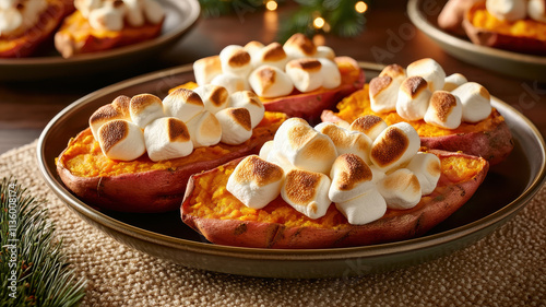 Thanksgiving feast filled with delicious food Concept. Delicious roasted sweet potatoes topped with marshmallows