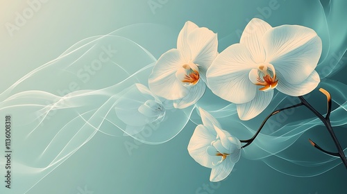 Abstract white orchids illustrated in fine monochrome lines, highlighted against a soft mint pastel background, with smooth gradients creating a serene ambiance, hd quality, minimalistic design.