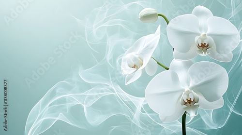 Abstract white orchids illustrated in fine monochrome lines, highlighted against a soft mint pastel background, with smooth gradients creating a serene ambiance, hd quality, minimalistic design.