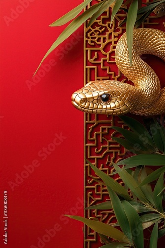 A golden snake poised gracefully against a vibrant red background, complemented by lush bamboo accents, symbolizing elegance and exotic beauty.