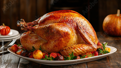 Thanksgiving feast filled with delicious food Concept. Roasted turkey with vegetables on wooden table