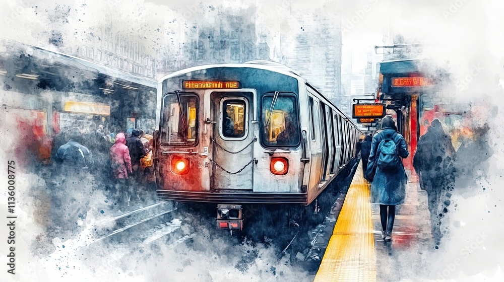 Subway Train Arriving at City Platform Passengers Await