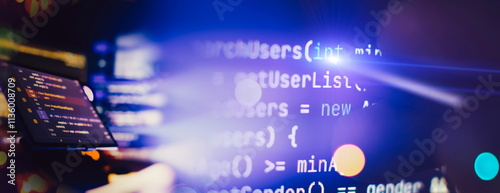Foto Programmer manually working with program code on a computer at night in a data center and technology concept