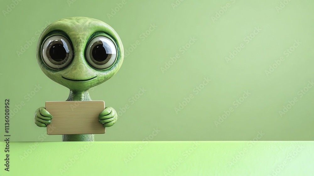 Fototapeta premium A cute, green alien with big eyes holding a blank sign against a green background.