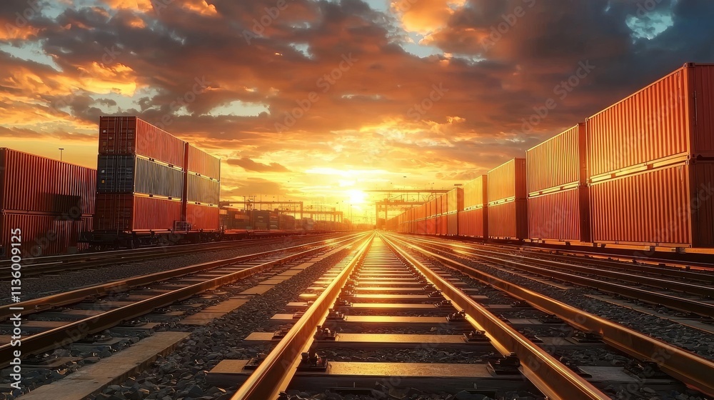 Obraz premium A stunning sunset casts a warm glow over railway tracks lined with cargo containers, creating a picturesque industrial scene.