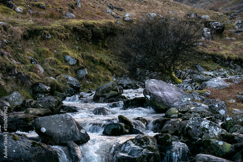 Фотография A fast-flowing stream rushes over smooth, dark rocks
