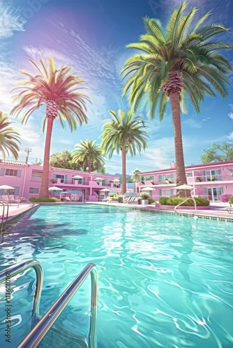 Pink Hotel Poolside Paradise Palm Trees and Sunshine