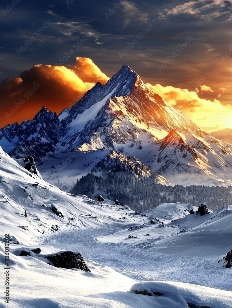 Obraz premium A stunning mountain landscape at sunset, with snow-covered terrain and dramatic clouds illuminating the sky.