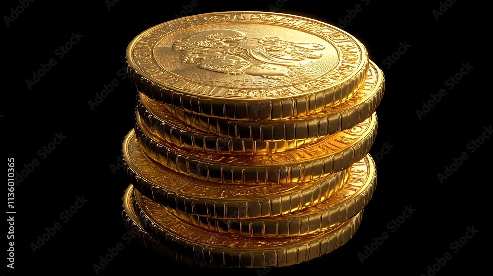 A stack of gold coins against a black background. A stack of gold coins against a black background.