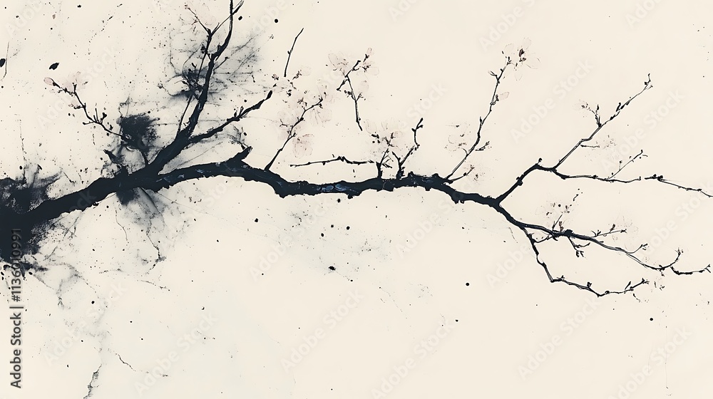 Minimalist ink wash painting of cherry blossoms in full bloom, delicate black branches with soft pink flowers, set against a textured off-white background, serene and elegant composition, hd quality, Minimalist ink wash painting of cherry blossoms in full bloom, delicate black branches with soft pink flowers, set against a textured off-white background, serene and elegant composition, hd quality,