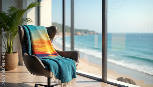 Cozy Chair with Ocean View and Colorful Blanket