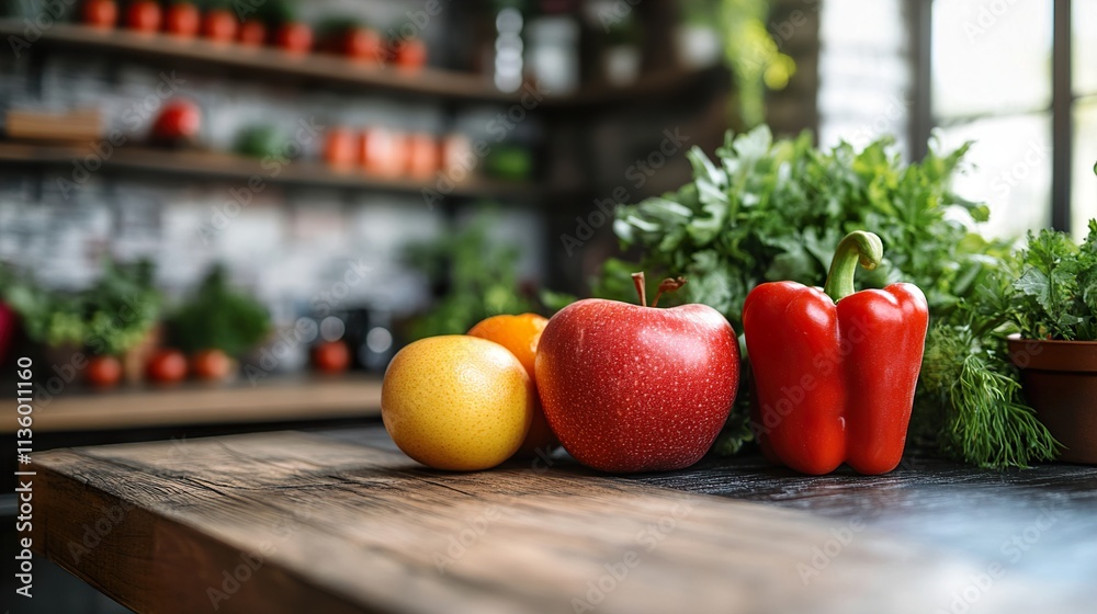 Fresh Red Apple, Orange and Pepper on Rustic Kitchen Table
