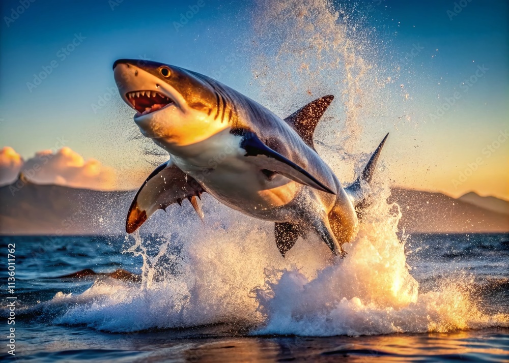Obraz premium A Powerful Great White Shark Breaching the Ocean Surface in a Fierce Predatory Attack Displaying Sharp Teeth and Aggressive Hunting Behavior in its Natural Marine Habitat