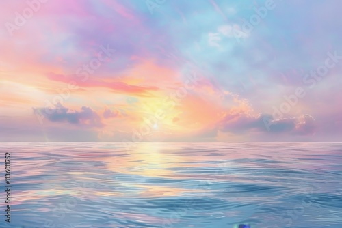 A serene seascape featuring a dreamy pastel sunset reflecting on calm ocean waters, A dreamy pastel sunset over a calm ocean