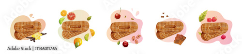 Ensemble de gaufres, pâtisserie, avec fruits, vanille, spéculos, cerise, pistache, framboise, agrumes, citron, orange, vanille. Illustration vectorielle