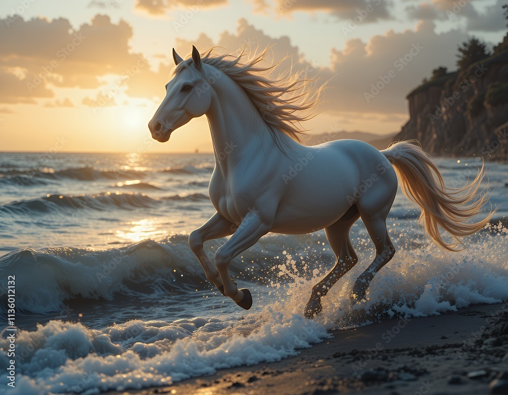 A stunning image of a white horse running freely on a beach during sunset. The horse's mane and tail flow in the wind, creating a dramatic scene. A stunning image of a white horse running freely on a beach during sunset. The horse's mane and tail flow in the wind, creating a dramatic scene.