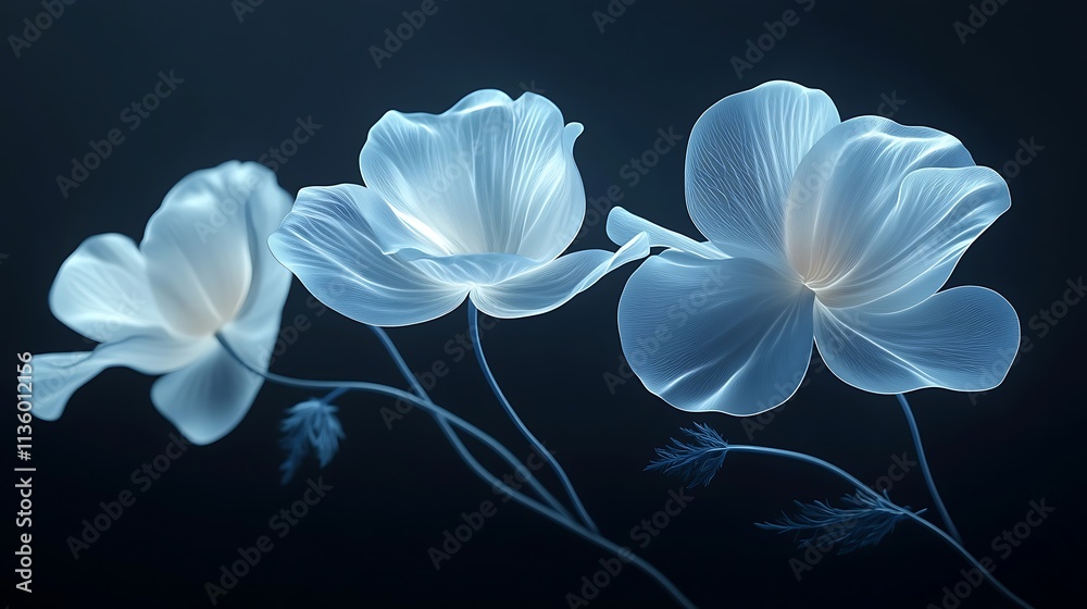 Silhouettes of garden flowers gently outlined by a glowing white edge, resting against a smooth gradient from black to deep blue, subtle lighting effects for depth, hd quality, elegant and mysterious. Silhouettes of garden flowers gently outlined by a glowing white edge, resting against a smooth gradient from black to deep blue, subtle lighting effects for depth, hd quality, elegant and mysterious.