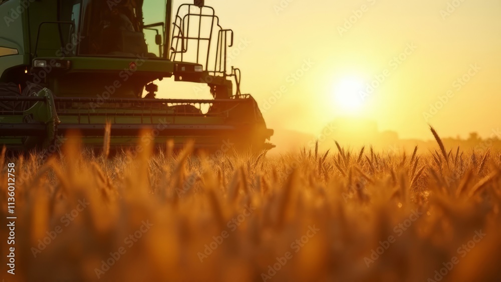 Fototapeta premium Combine Harvester in Sunlit Wheat Field