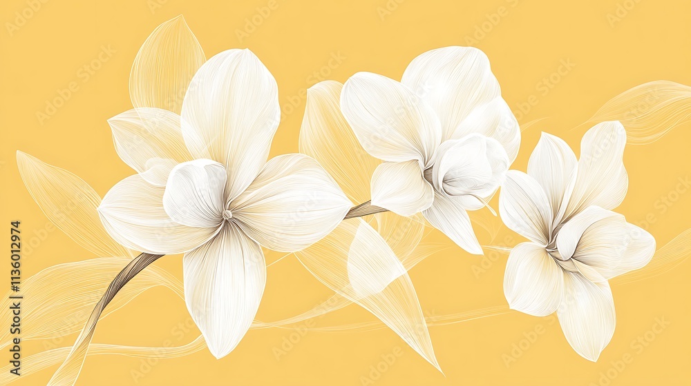 Obraz premium Simplistic orchid flowers with flowing petals drawn in white line art, placed on a muted pastel yellow background, evoking warmth and tranquility, hd quality, modern botanical art style. --ar 16:9