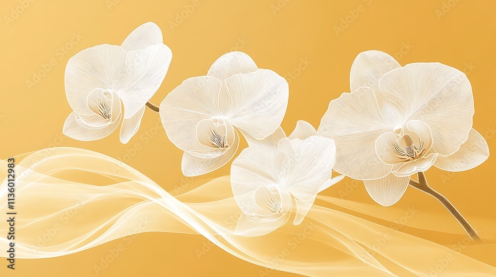 Naklejka premium Simplistic orchid flowers with flowing petals drawn in white line art, placed on a muted pastel yellow background, evoking warmth and tranquility, hd quality, modern botanical art style. --ar 16:9