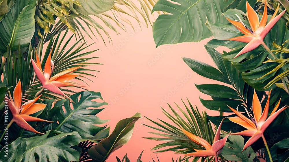 Naklejka premium Simplistic palm fronds and monstera leaves in bold green hues, highlighted with splashes of orange from bird-of-paradise flowers, set against a muted pastel coral background, minimalist and fresh,