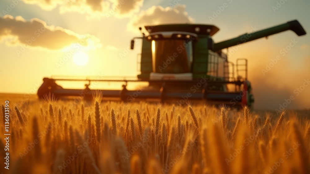 Fototapeta premium Combine Harvester in Sunlit Wheat Field