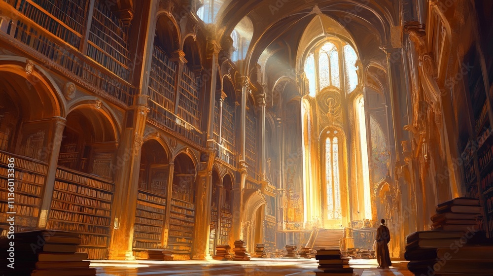 A majestic library bathed in golden light, showcasing towering shelves and an inspiring atmosphere for knowledge seekers.