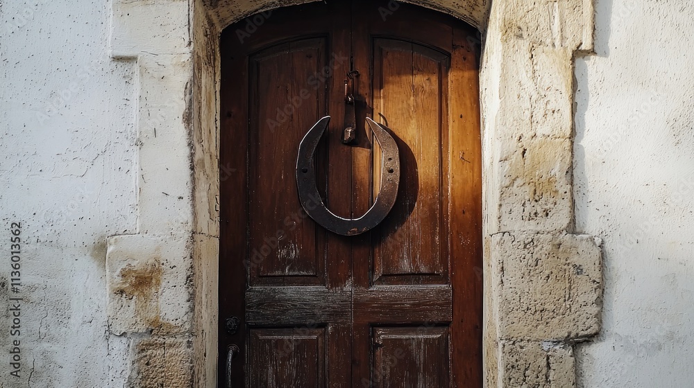 A horseshoe hung above a doorway, symbolizing good luck for the household. A horseshoe hung above a doorway, symbolizing good luck for the household.