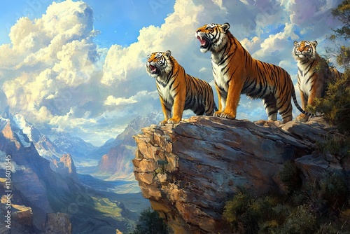 Three Majestic Tigers Roaring Atop Mountain Peaks photo