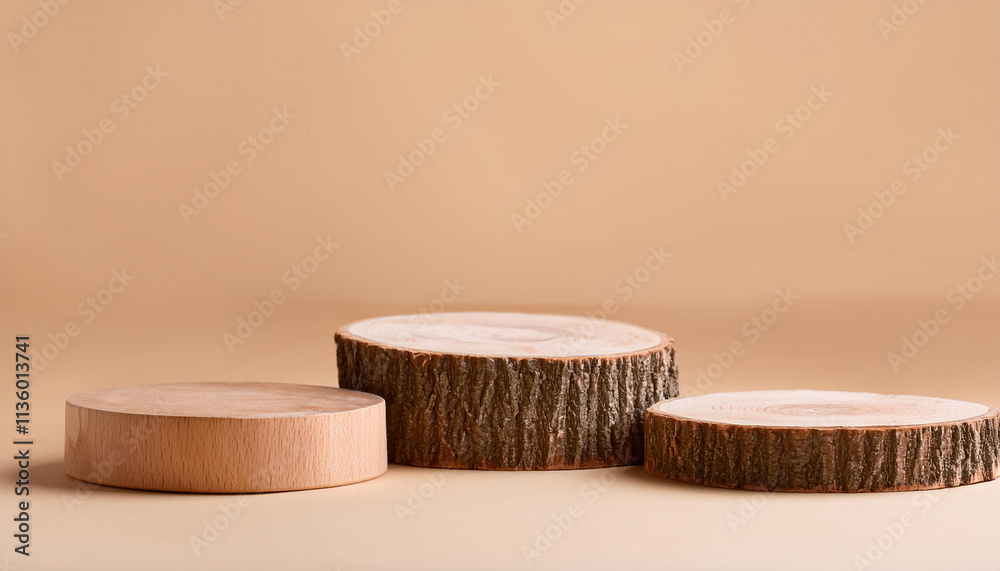 Three woodcut on a trendy beige pastel background. Wooden platforms imitating podium for natural cosmetics, beauty products presentation. Front view Three woodcut on a trendy beige pastel background. Wooden platforms imitating podium for natural cosmetics, beauty products presentation. Front view