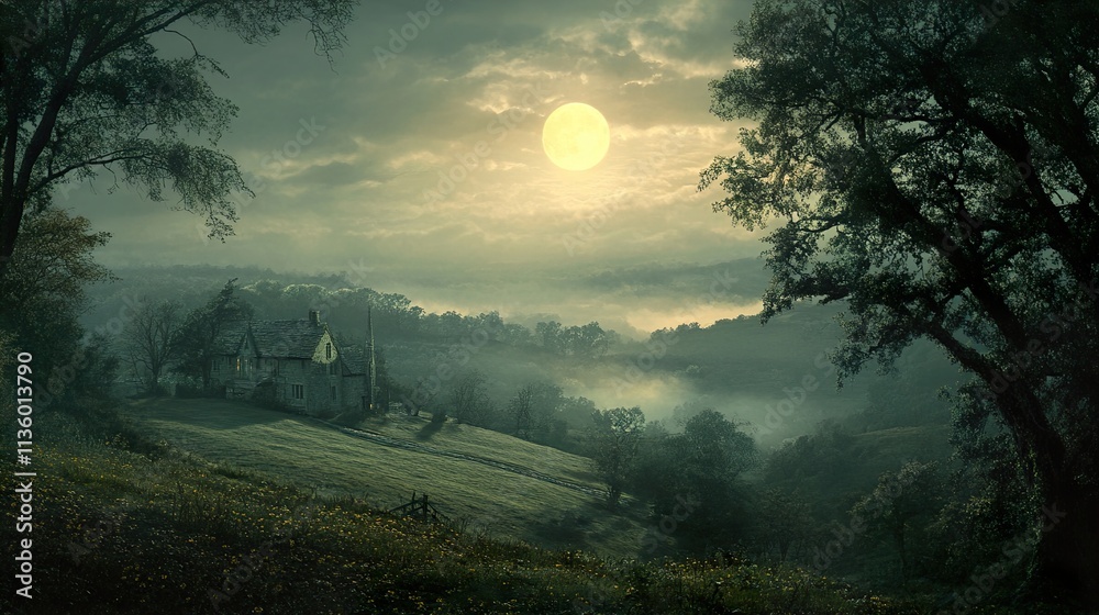 Fototapeta premium Moonlit Farmhouse in Misty Valley: A Serene Landscape