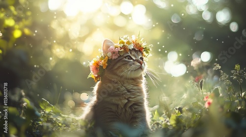 Beautiful Cat with Flower Crown in Soft Light Surrounded by Nature photo