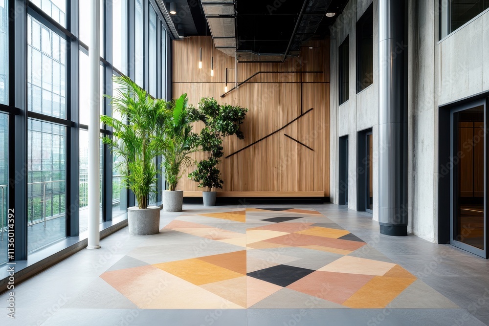 Obraz premium Geometric patterns in the flooring of a modern architectural space, showcasing intricate designs and vibrant colors.