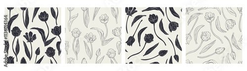 Vintage monochrome seamless patterns set with tulips flowers. Hand drawn floral background. Spring flowers silhuette wallpaper bundle