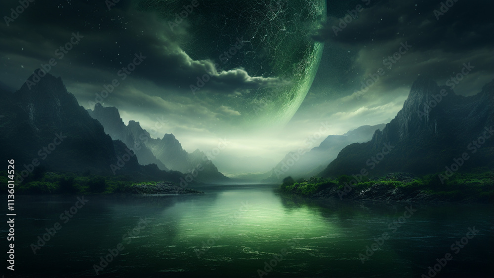 Naklejka premium Lake With Fog and Mountains